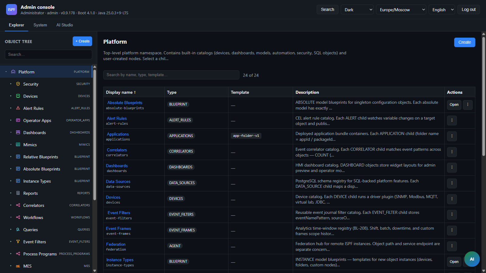 Admin Explorer — object tree after first login
